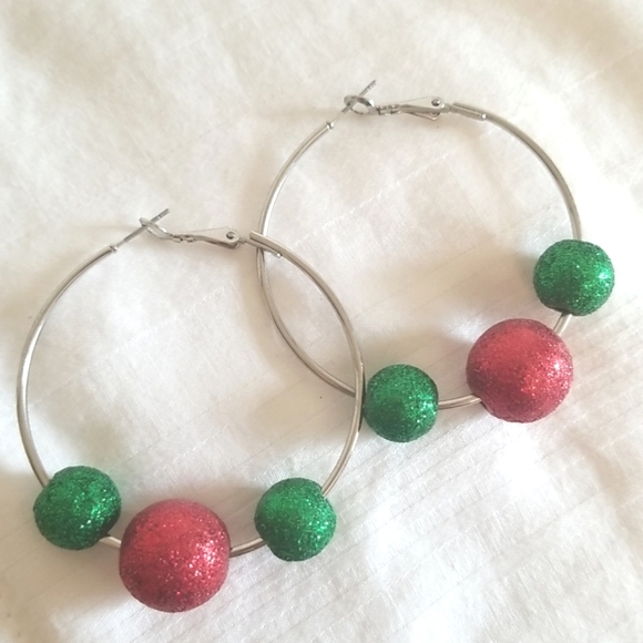 Silver Christmas Ornament Hoop Earrings - Picture 1 of 3